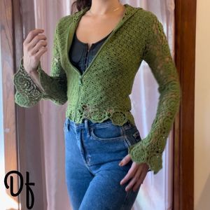 Green Crochet Zip Up Sweater with Hood M